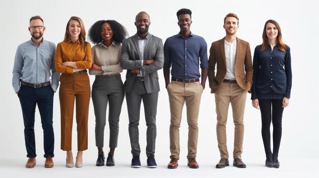 A Diverse Group of Professionals Standing Confidently Together in Business Attire on a White Background. photo