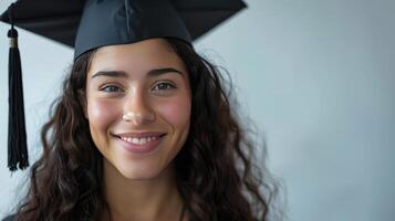 Young Woman Celebrating Graduation in Cap and Gown With a Bright Smile Against a Neutral Background. photo