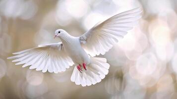 Majestic White Dove Soaring Gracefully in Clear Blue Sky During Bright Daylight. photo
