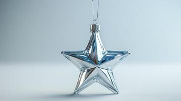 Shiny Silver Star Ornament Hanging on a Christmas Tree Branch During the Holiday Season. photo