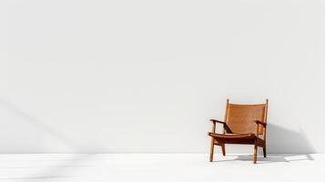 Wooden Lounge Chair Positioned Alone Against Minimalist White Background During Daylight Hours. photo