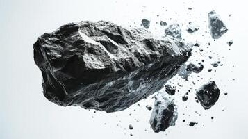 Flying Asteroid Bursting Through Space, Surrounded by Floating Debris in a Cosmic Environment. photo