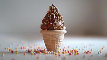 Delicious Chocolate Soft Serve Ice Cream Cone With Colorful Sprinkles at a Local Dessert Shop. photo