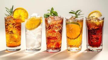 Refreshing Variety of Colorful Chilled Beverages With Fresh Garnishes on a Bright Surface. photo