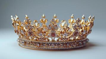 Elegant Gold Crown Adorned With Sparkling Gems Displayed on a White Background. photo