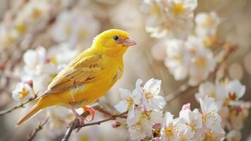 Bright Yellow Canary Walking On A White Background During Daylight Hours. photo