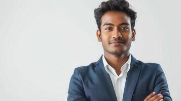 Confident Young Professional Posing Against Minimalist Background in Modern Office Attire photo