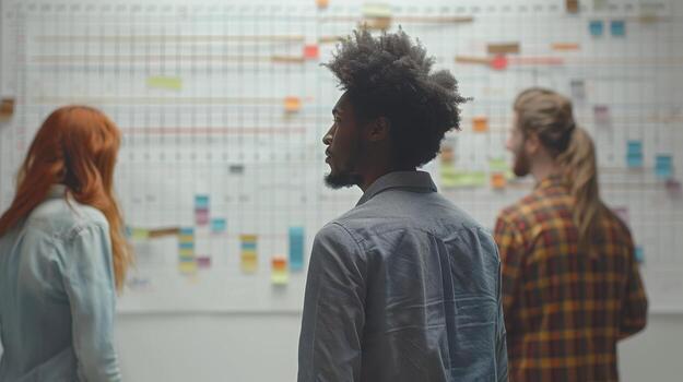 Creative Team Collaborating in Modern Office Space While Analyzing Project Timeline on Wall Board photo
