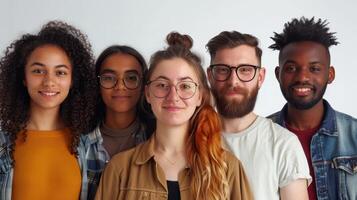 Diverse Group of Friends Smiling Together in Bright Studio Space During Daytime photo