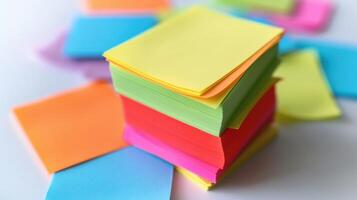 Vibrant Stack of Colorful Sticky Notes Nestled on a Bright Workspace photo