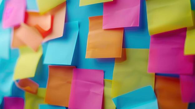 Vibrant Assortment of Sticky Notes Displayed on Bright Blue Background in an Office Setting photo