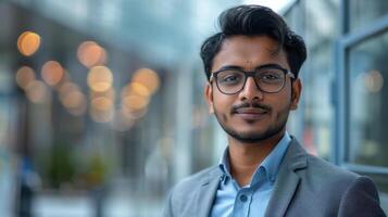 Young Professional Posing Confidently in Smart Attire Outside Modern Urban Building During Golden Hour photo