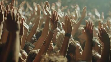 Enthusiastic Crowd of Concertgoers Raising Hands at Night Event Under Bright Lights photo