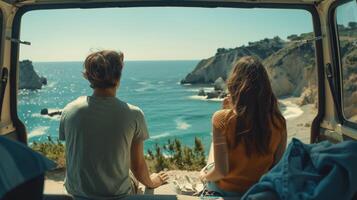 Enjoying a Breath-Taking Coastal View Together at Midday From a Vintage Van Overlooking the Sparkling Sea photo