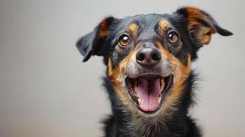 Happy Dog With Playful Expression Against Soft Neutral Background Sporting Bright Eyes and Floppy Ears in the Evening Light photo