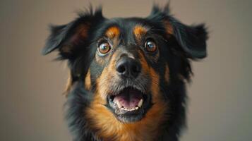 A Playful Dog Captivated by the Camera in a Cozy Indoor Setting During Golden Hour photo