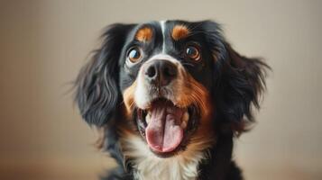 Joyful Dog Smiling Playfully Indoors on a Bright Sunny Afternoon in a Cozy Living Room Setting photo