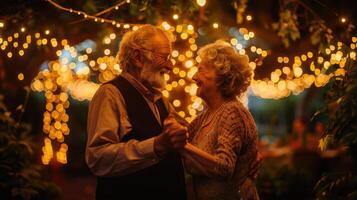 An Enchanting Evening Dance Amidst Sparkling Lights in a Garden Setting photo