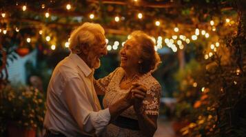 Joyful Elderly Couple Dancing Under Warm String Lights in a Cozy Garden at Dusk photo