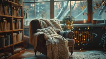 Cozy Winter Afternoon in a Warm Library With Flickering Candles and Soft Blankets photo