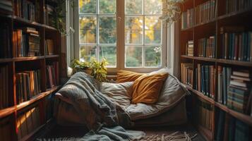Cozy Reading Nook Bathed in Autumn Light Surrounded by Shelves of Books photo