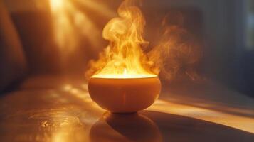 Dancing Flames of a Flickering Candle Illuminating a Cozy Living Room at Dusk photo