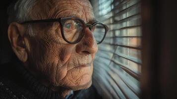 Elderly Man Gazing Thoughtfully Through Window Blinds in Soft, Golden Afternoon Light photo