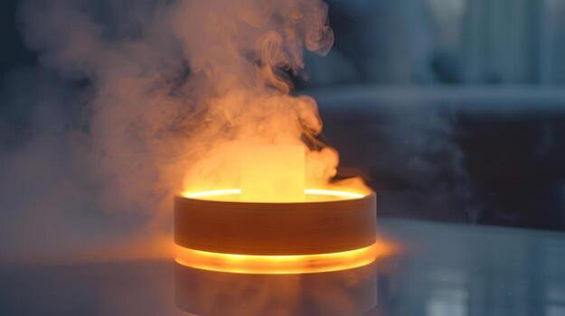 Ethereal Glow and Mystical Steams Emanate From Central Element in Tranquil Indoor Environment at Dusk photo