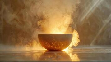 Mysterious Ethereal Glow Emanating From a Bowl Surrounded by Wisps of Smoke photo