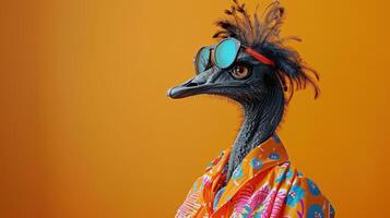 A Playful Emu Posing Cheerfully in Tropical Shirt and Sunglasses Against Vibrant Orange Background photo