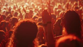 Energetic Crowd Cheering at a Music Festival During a Vibrant Sunset Celebration photo