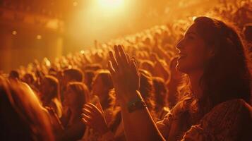 Enthusiastic Crowd Cheering At A Vibrant Live Performance During Golden Hour photo