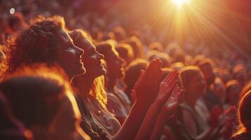 Applauding Audience Under Warm Stage Lights at Evening Performance in a Vibrant Theater photo