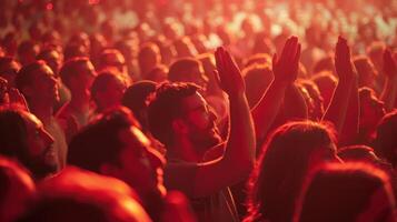 Vibrant Crowd Erupts in Applause Under Stunning Red Lights at an Evening Concert photo