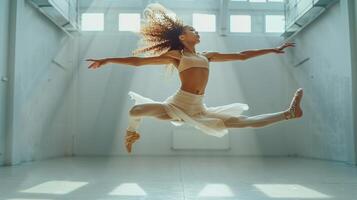 Graceful Dancer Leaps in a Sunlit Studio During Evening Rehearsal Session photo