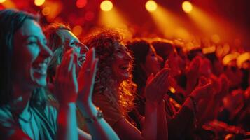Enthusiastic Audience Members Applauding a Live Performance in a Vibrant Theater Setting photo