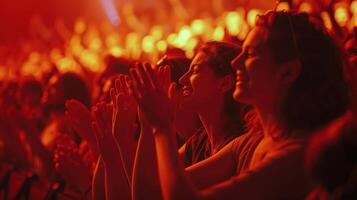 Enthusiastic Audience Clapping and Cheering at Vibrant Live Concert Under Warm Stage Lights photo