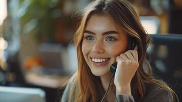 Smiling Woman Engaged in Phone Conversation in Cozy Office Space During Bright Daylight photo