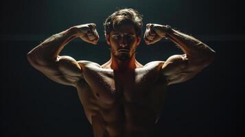 Dramatic Fitness Pose of Muscular Man Showcasing Strength in Dark Studio Light photo