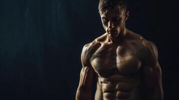 Muscular Male Model Posing Confidently Under Dramatic Lighting in Artistic Studio Setting photo