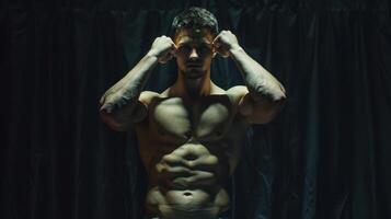 A Strong Athlete Poses Dramatically Under Dim Lighting in an Intimate Studio photo