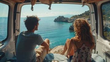 Couple Enjoying Breathtaking Ocean View From Their Cozy Van During a Serene Summer Afternoon photo