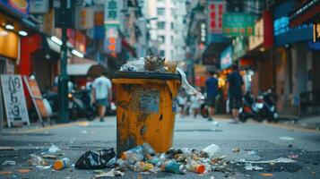 A Bustling Urban Street in Twilight, Overflowing Trash Bin Surrounded by Litter and People photo