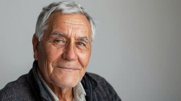 Wise Older Gentleman Smiling Gently in a Cozy Indoor Setting During Late Afternoon Light photo