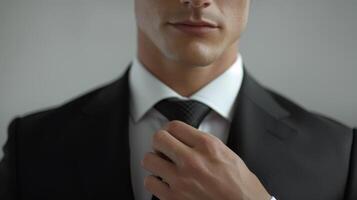 Elegant Man Tying His Tie in a Tailored Suit Against a Soft Background During a Professional Event photo