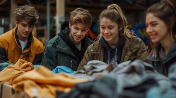 Young Volunteers Sort Clothing Donations at a Community Center in Late Afternoon Sunshine photo