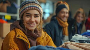 Joyful Volunteer Smiles While Organizing Clothes in Busy Community Donation Center photo