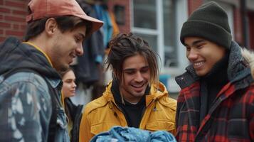Three Friends Engage in Lively Conversation While Shopping for Vintage Clothing Outside in the City photo