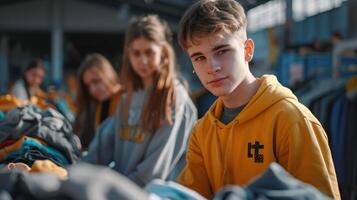 Young Teenagers Exploring Colorful Clothing Options at Busy Thrift Store in Autumn Afternoon Sunlight photo