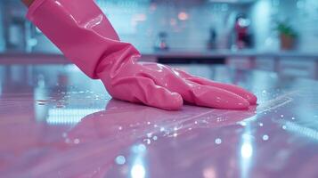 Bright Pink Glove Diligently Cleans Shiny Surface in Modern Kitchen Just After a Morning Meal photo